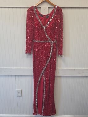 Aleta NWT Red Sequin Faux Wrap Silver Dress Slit Maxi Gown Dress Size 10 #6787